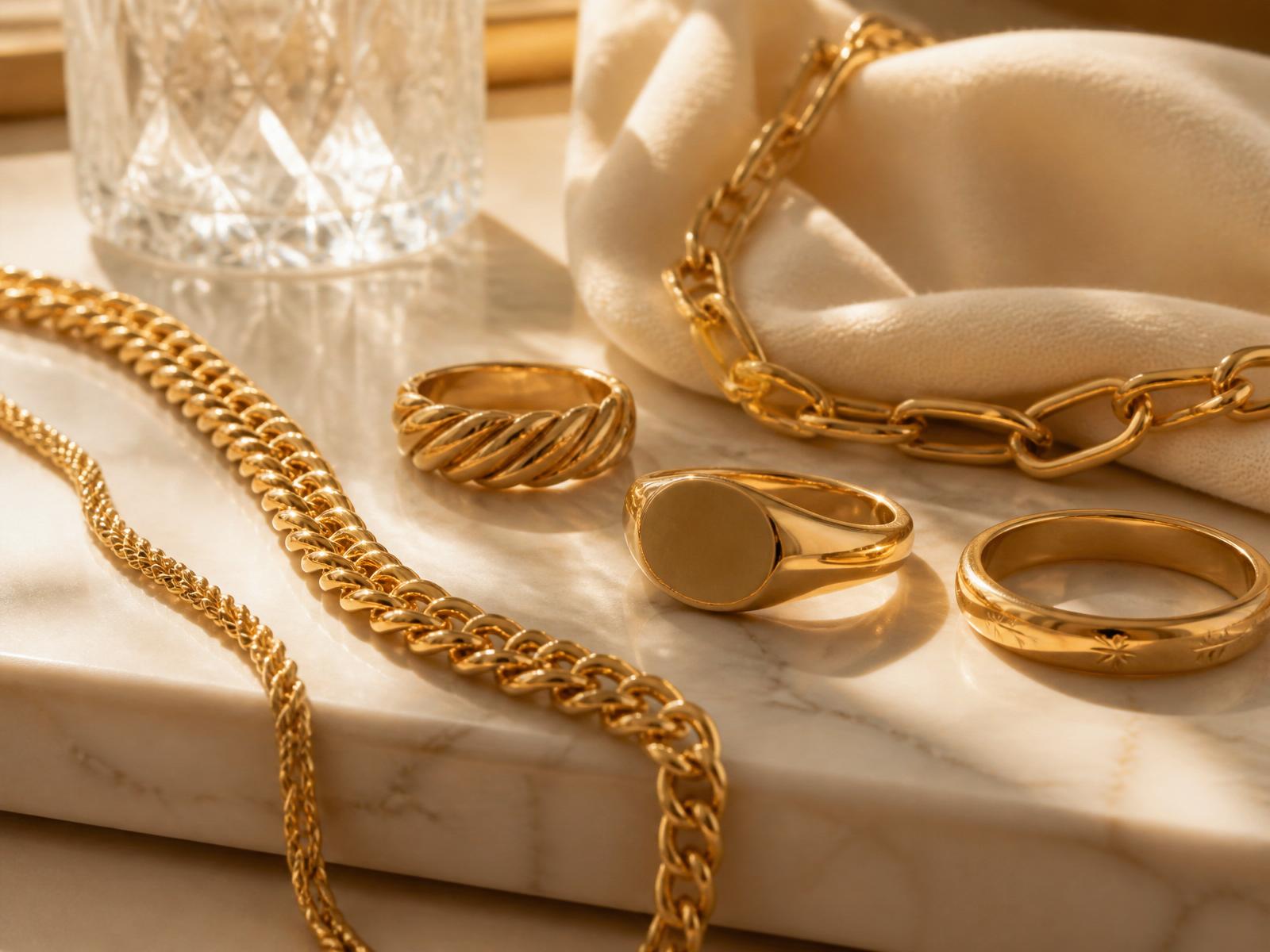 Authentic gold jewelry arranged on cream marble in natural light
