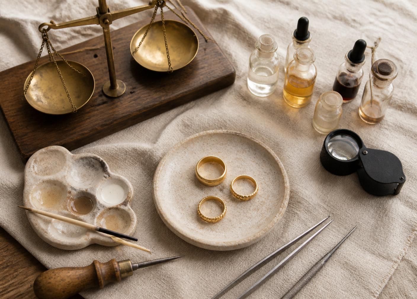 Jeweler's brass scale, acid testing kit, loupe, and gold rings on linen
